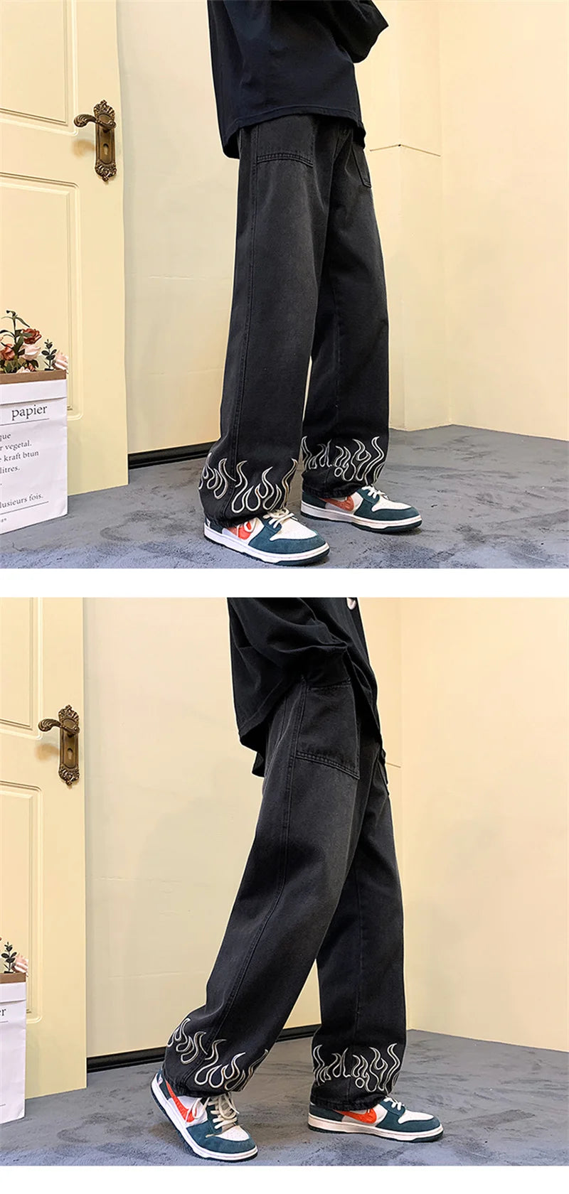 Pantalones vaqueros vintage con estampado de llamas Y2K para hombre, pantalones vaqueros holgados de pierna ancha, pantalones vaqueros rectos de moda hip hop 2025.