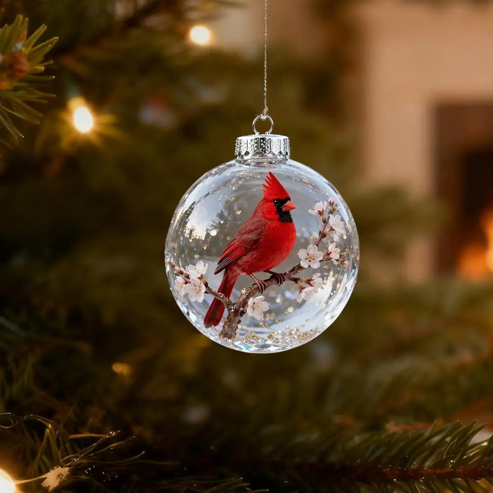 8CM Christmas Transparent Acrylic Ball Cardinal/Hummingbird Pattern Creative Christmas Tree Decoration Hanging Pendant For Home