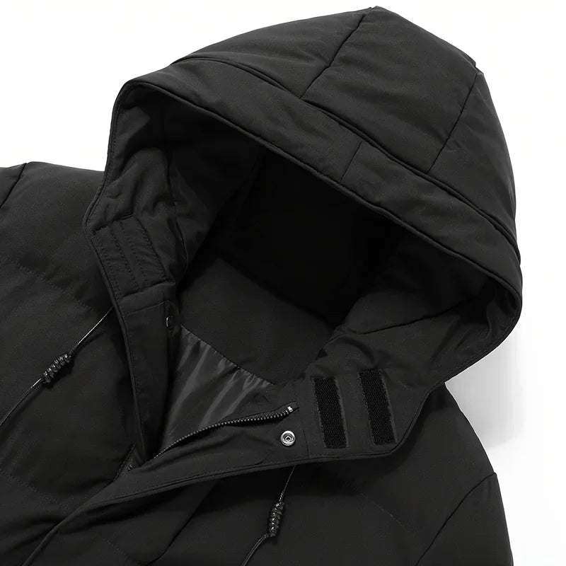 2024 Warm Hooded Mid-length Jacket Mens Casual Zip Up Cotton Padded Jacket Overcoat Autumn Winter Windbreaker Coats Men Clothing