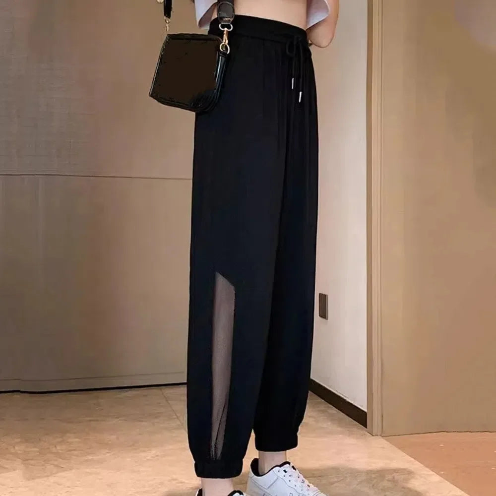 Fashion Straight Casual Drawstring Pants Streetwear Quick Dry Wide Leg Loose Pants Mesh Hollow Mesh Sweat Pants Women Sports