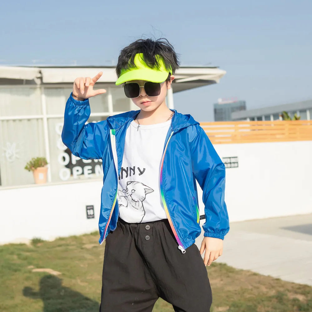 Children's Summer Thin Sun-protective Jacket Boys Girls Breathable Hooded Zipper Solid Lightweight Coat Jackets Clothing