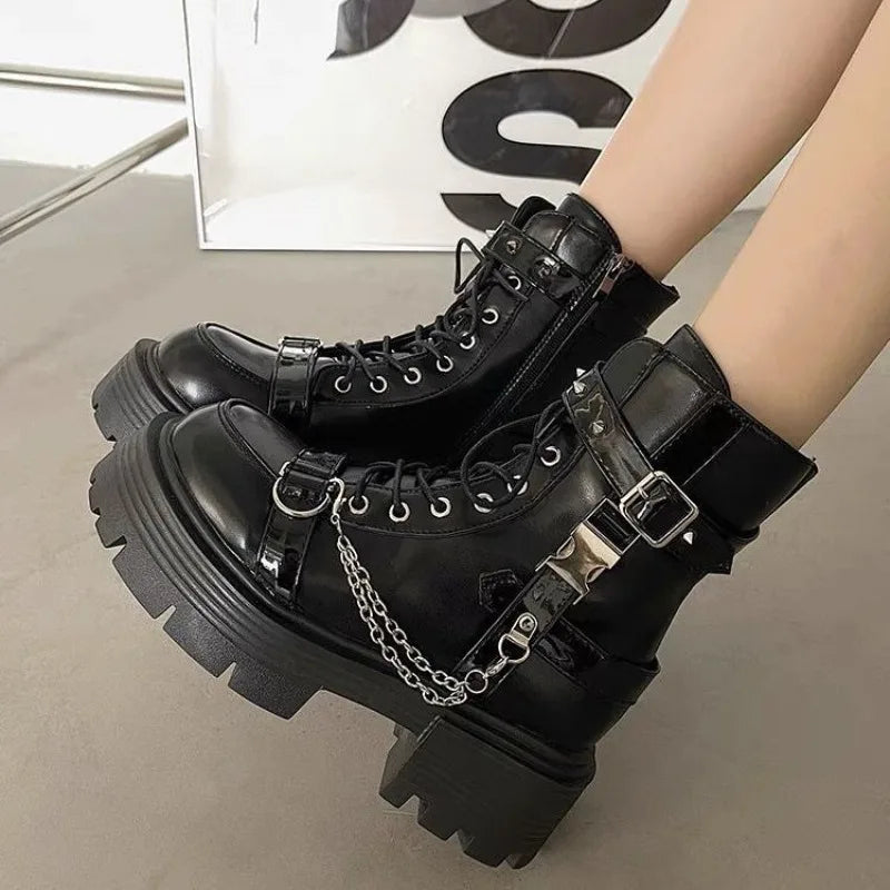 Botas de tobillo para mujer, botas de plataforma góticas de moda, botas cortas británicas, botas de moto para mujer, botas punk con remaches de diseñador, botas