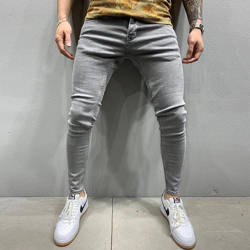 Pantalones vaqueros grises de color puro para hombre, cintura elástica, ajustados, elásticos, sin roturas, ropa de calle, color negro, 2021