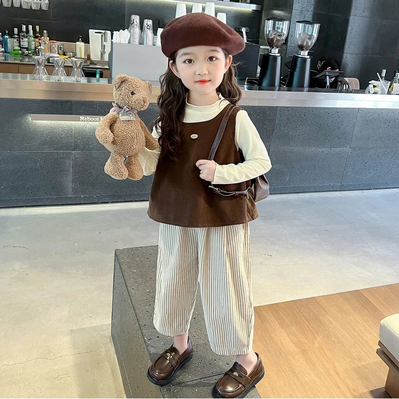 Girls Autumn Spring Clothing Set Fashion Children's Bow Tie Vest + Undershirt + Wide-Leg Pants Three-Piece Set 2025 New