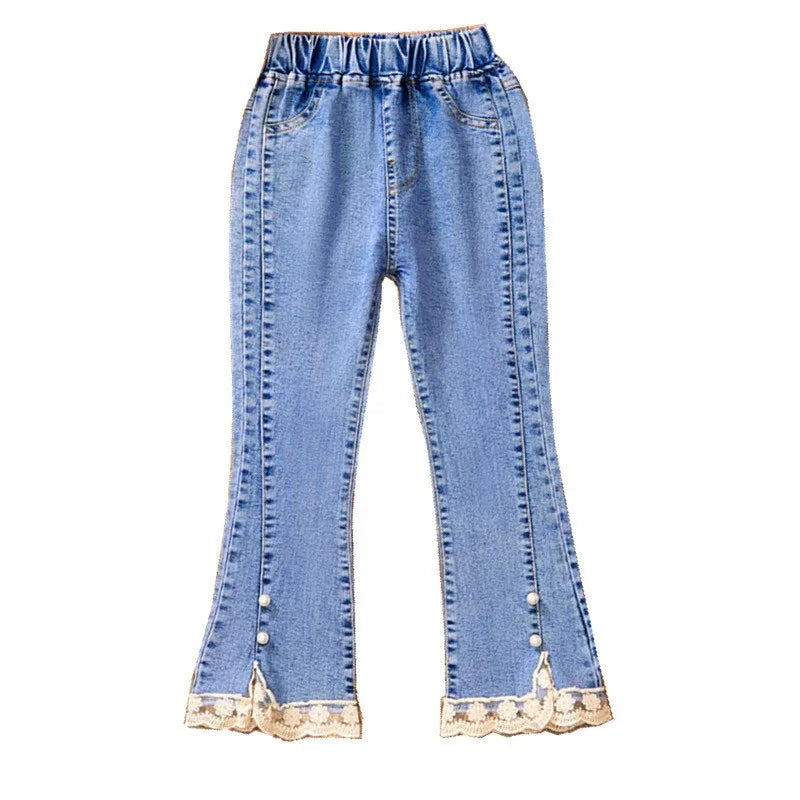 2-12 Year Old Girls Jeans Fashion Lace Elastic Denim Flared Pants Spring Autumn Solid Color Trousers Teenager Kids Girl Clothing