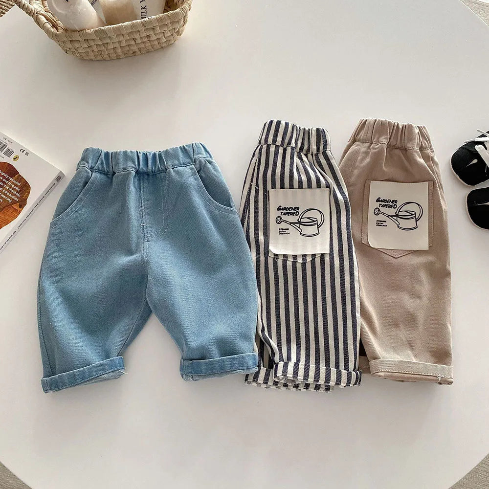 1-5Y Kid's Jeans Loose Solid Boys Denim Pants Patchwork Pocket Girls Straight Trousers Casual Kids Outdoor Pants