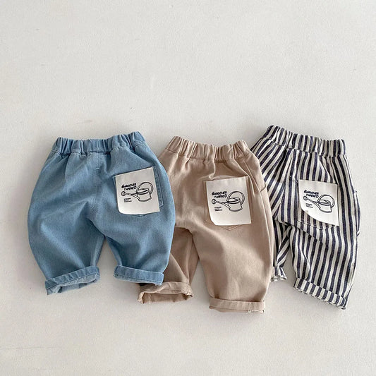 1-5Y Kid's Jeans Loose Solid Boys Denim Pants Patchwork Pocket Girls Straight Trousers Casual Kids Outdoor Pants