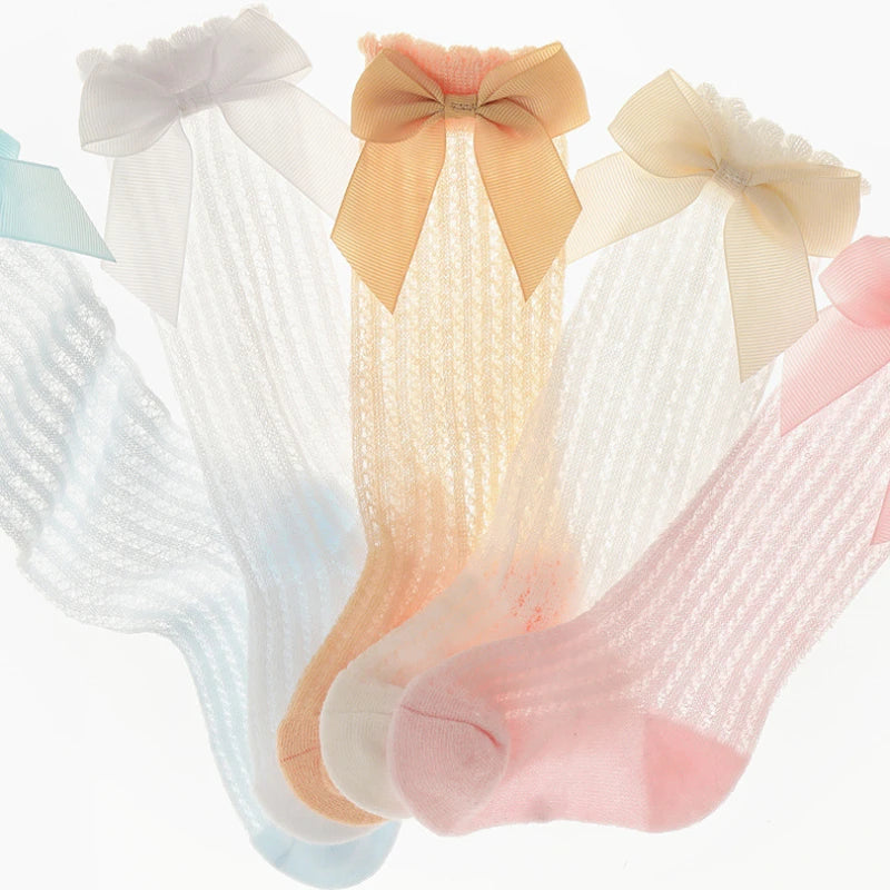 0-2Years Baby Girl Socks with Bow Summer Toddler Baby Cotton Mesh Knee Socks Newborn Infant Non-slip Baby Princess Long Socks