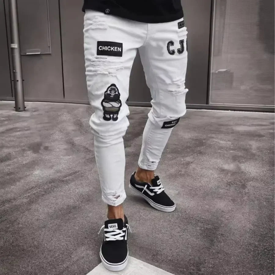 Punk Denim Pants Men Jeans Skinny Ripped Hole Patchwork Slim Pencil Denim Hip Pop Trousers Autumn Plus Size Streetwear Men's