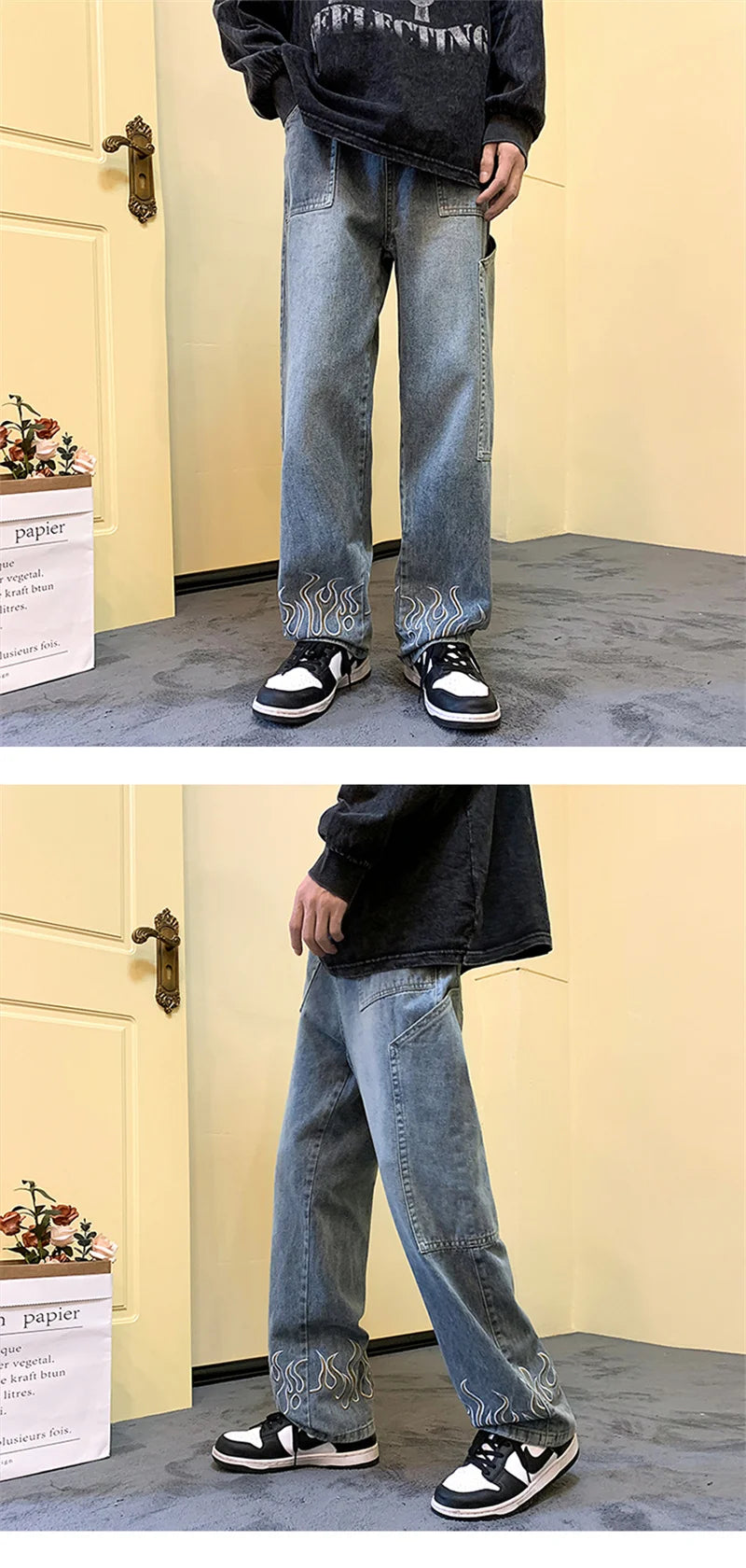 Pantalones vaqueros vintage con estampado de llamas Y2K para hombre, pantalones vaqueros holgados de pierna ancha, pantalones vaqueros rectos de moda hip hop 2025.