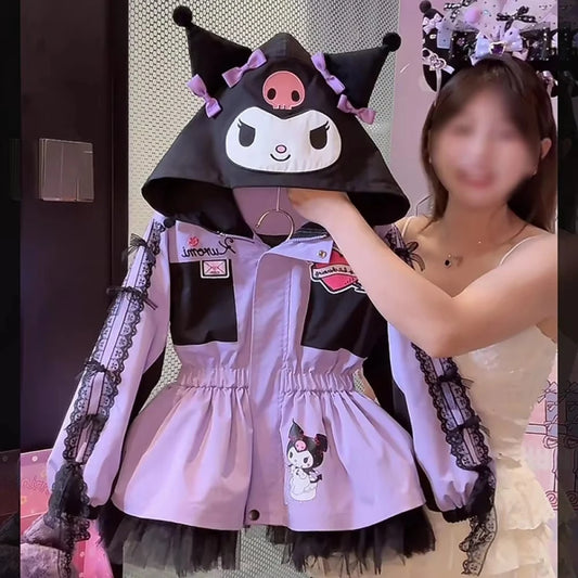Kuromi Kawaii Kids Girls Jacket Autumn New Cartoon Cinnamoroll Fashion Outdoor Hooded Embroidery Jacket Retract Waist Jackets
