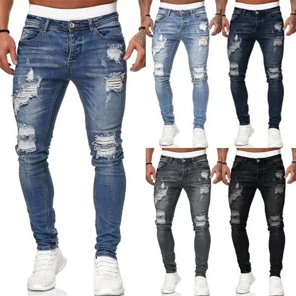 Ripped Men Jeans Denim Pant Mid Waist Slim Fit  Vintage Denim Wash Punk Style Skinny Pencil Pants Distressed Holes Ankle Length