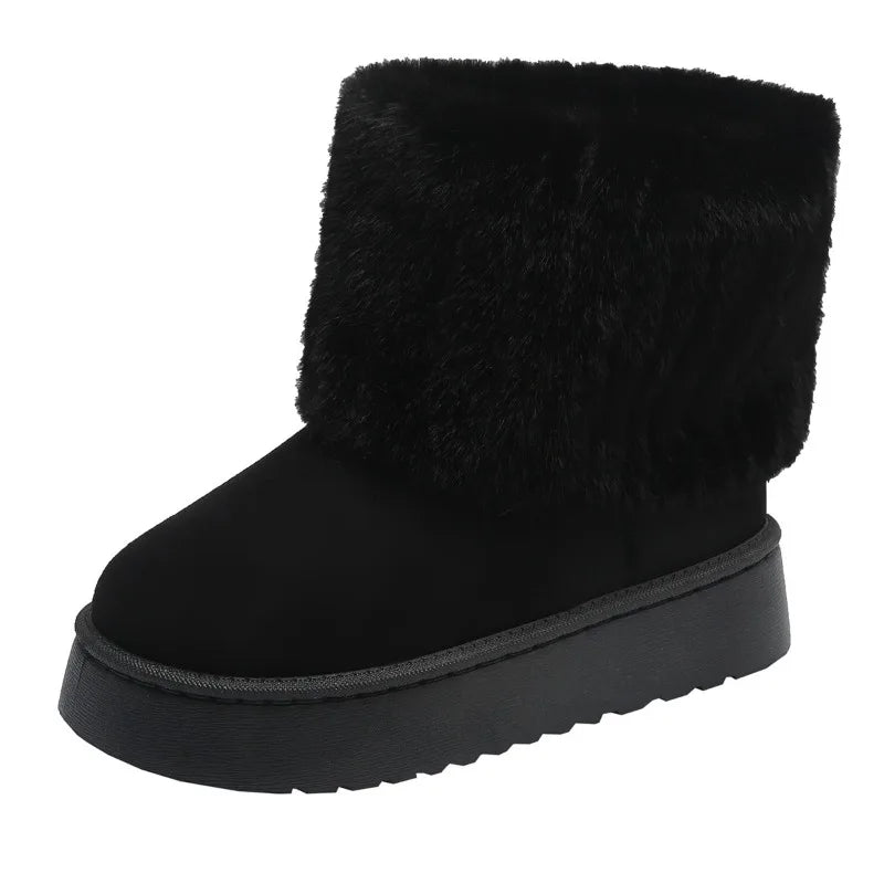Shoes for Women Winter Slip on Women's Boots Black Round Toe Solid Flock Plush Warm Mid Heel Water Proof Casual Snow Boots Women