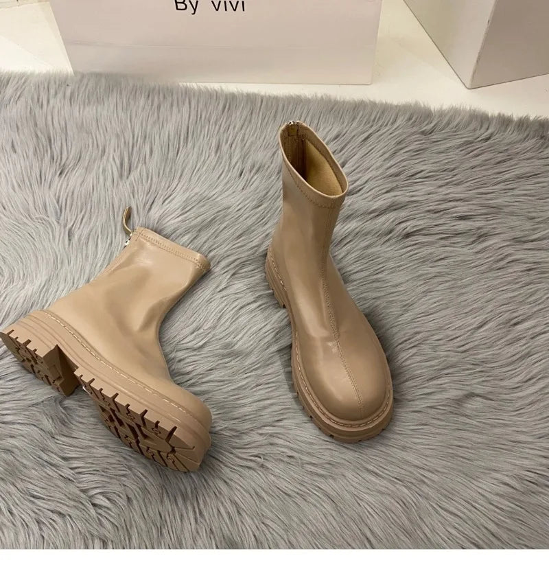 Ladies Shoes High Quality Back Zipper Women's New Round Toe Modern Boots Women Fashion Versatile Non-Slip Mid-Calf Boots