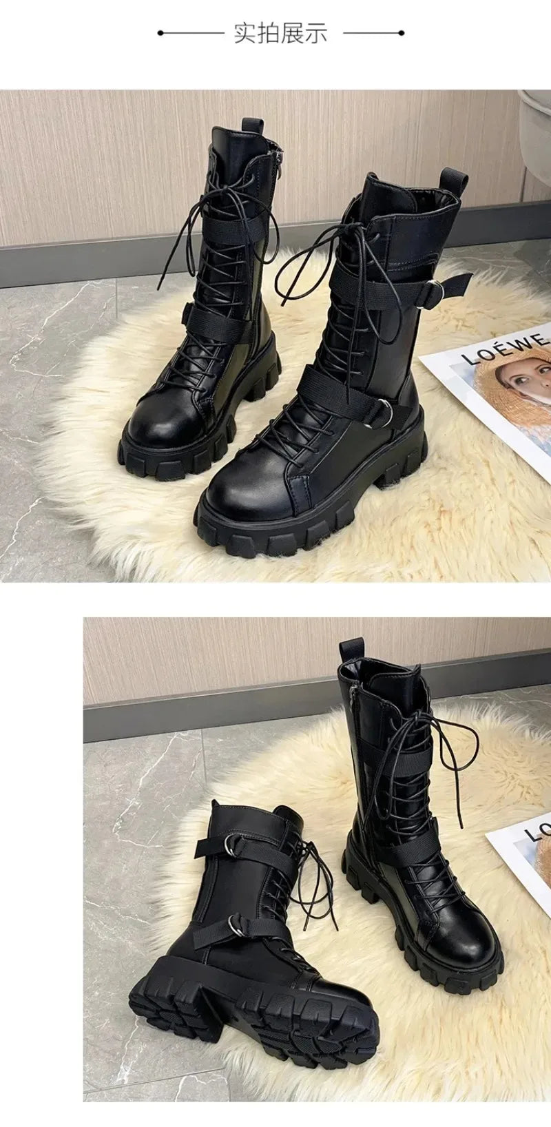 Women's Mid-Calf Boots High Quality Casual Leather Boots Fashion Motorcycle Booties Designer Belt Buckle Knight Boots for Women