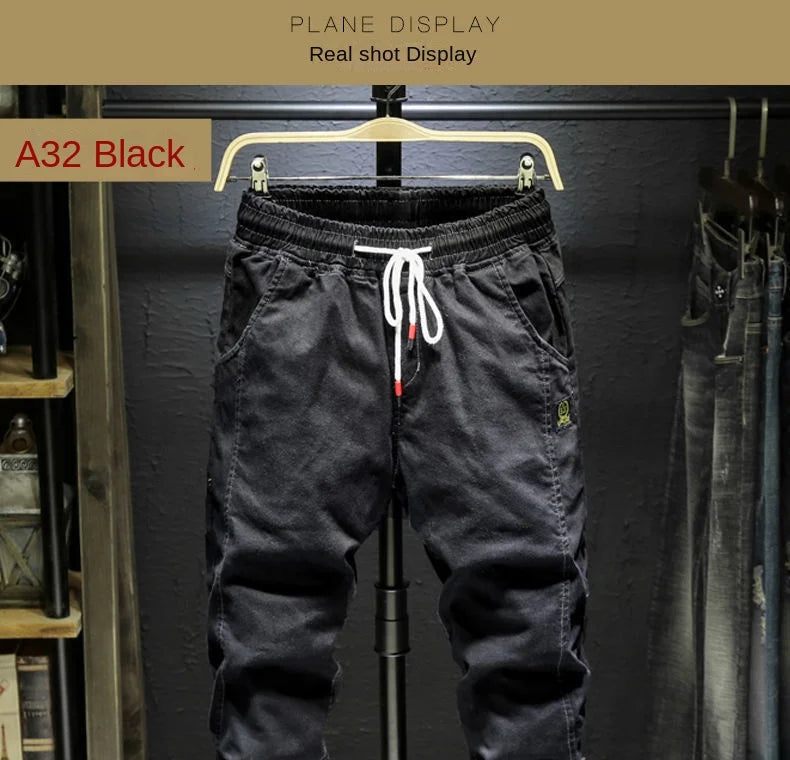 Pantalones vaqueros de mezclilla con cordón ajustable para hombre, versátiles, de moda para otoño, con cintura elástica, estilo harén, informales, para exteriores, 2022
