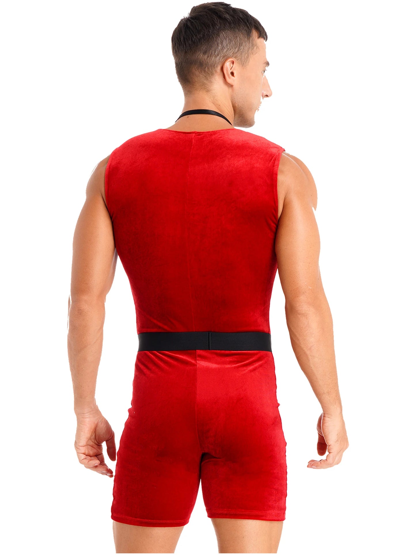 Mono de terciopelo suave sin mangas con escote en V profundo, sin mangas, con cinturón y pajarita con ribete de plumas, ideal para fiestas navideñas masculinas.