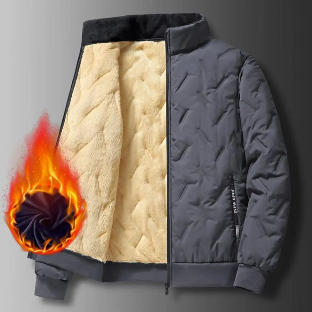 Men Parkas For Winter Lapel Embossed Lines Zipper Pockets Jacket Solid Color Plush Lining Elastic Hem Male Coat For Outdoor