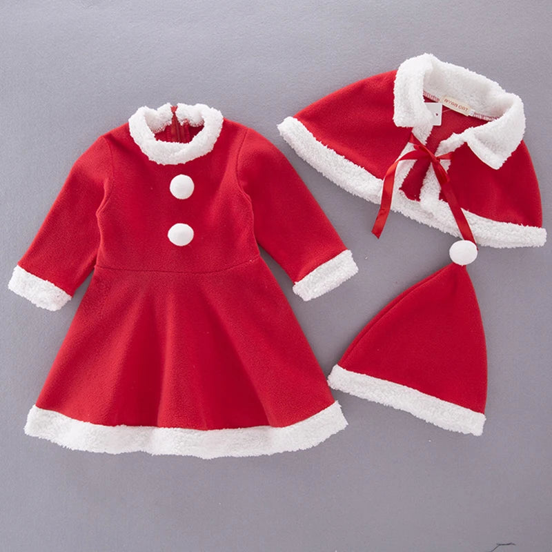 Ensemble robe à manches longues, châle et bonnet de Père Noël pour fille, idéal pour le Nouvel An et les fêtes de Noël. Vêtements rouges pour le carnaval et le carnaval.