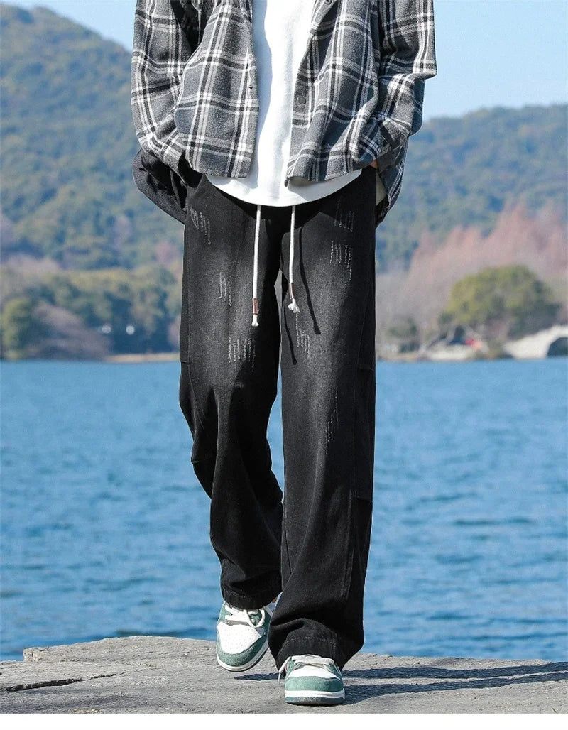 Autumn Distressed Drawstring Straight Jeans For Men High Street Baggy Patchwork Denim Pants 2024 New Hip Hop Fashion Y2K Jean