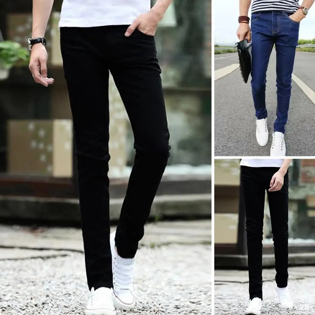 Men Jeans Stretch Skinny Denim Pants Solid Color Black Blue Autumn Summer Luxury Street Harajuku Hip-Hop Style Slim Fit Trousers