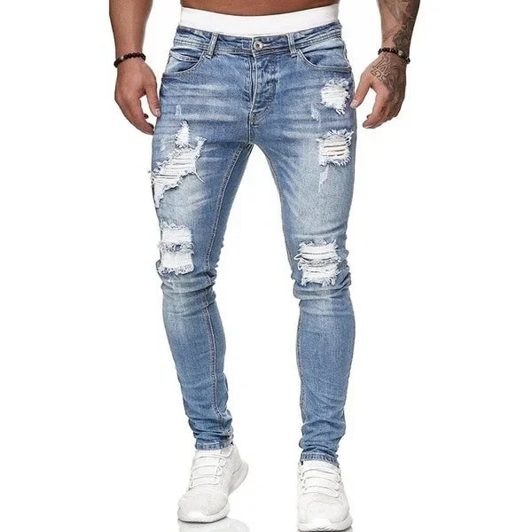 Ripped Men Jeans Denim Pant Mid Waist Slim Fit  Vintage Denim Wash Punk Style Skinny Pencil Pants Distressed Holes Ankle Length
