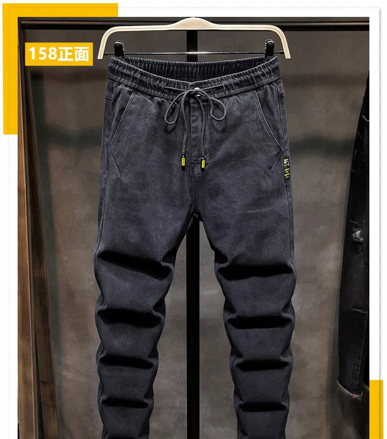 Spring Autumn 2022 New Drawstring Elastic Waist Denim Jeans Men's Slim Feet Pants Korean Fashion Casual Pants Harem Baggy Jeans