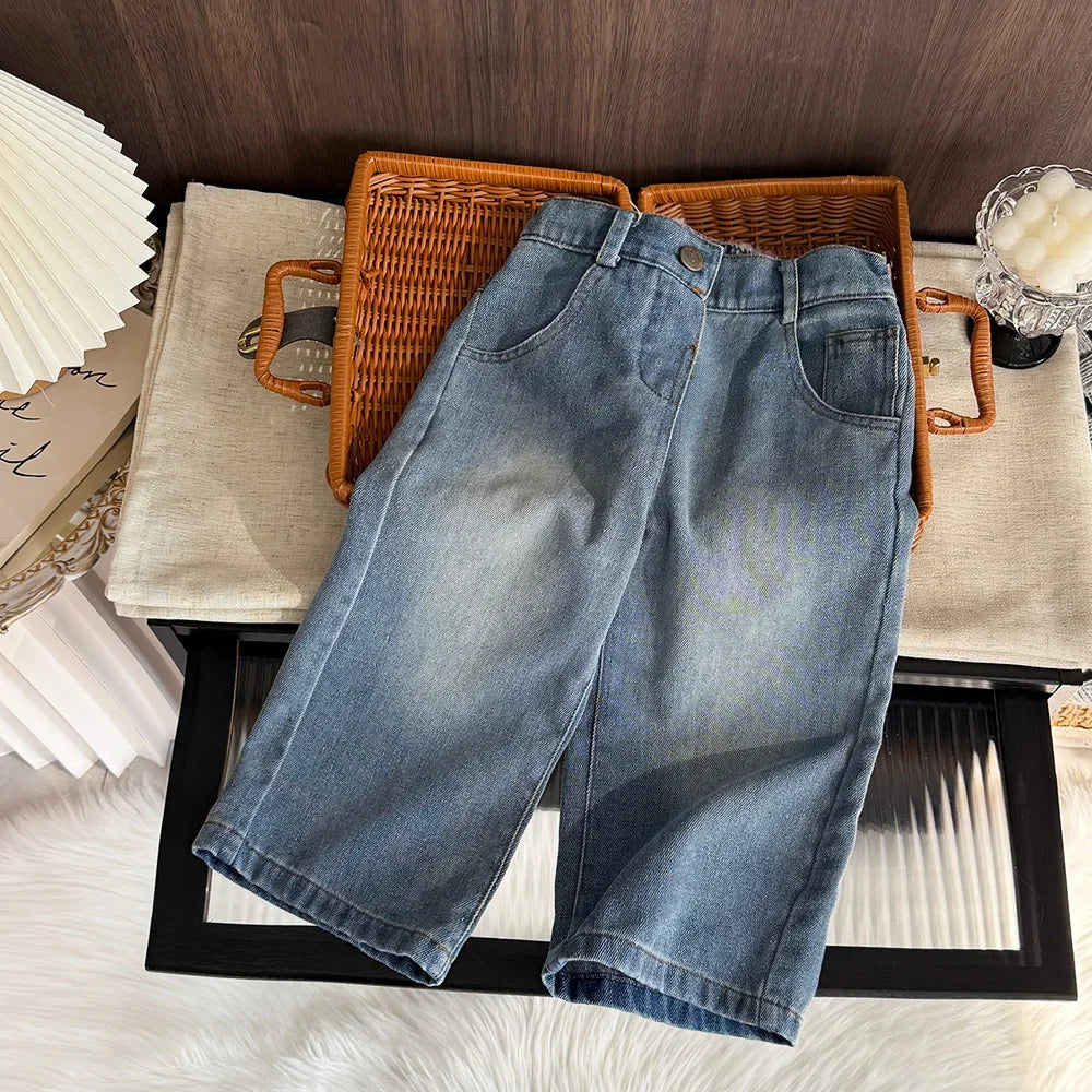 Versión coreana, moda primavera y otoño, nuevos jeans de pierna recta para niñas, ropa casual básica y versátil para niños de 3 a 7 años.