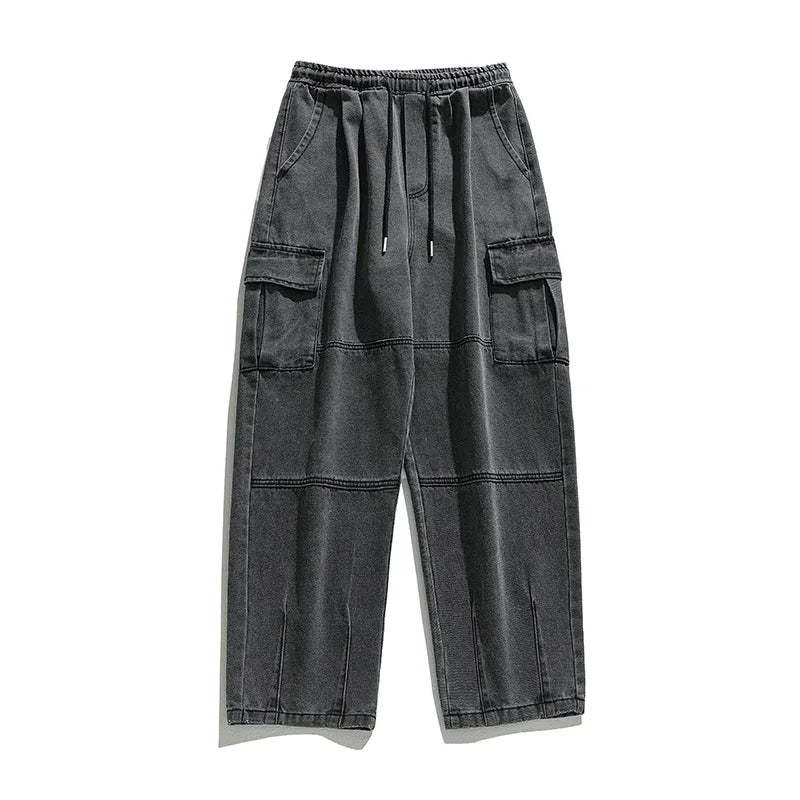 Korean men clothing Japanese style three-dimensional pocket jeans spring new retro vintage washed water workwear men's pants