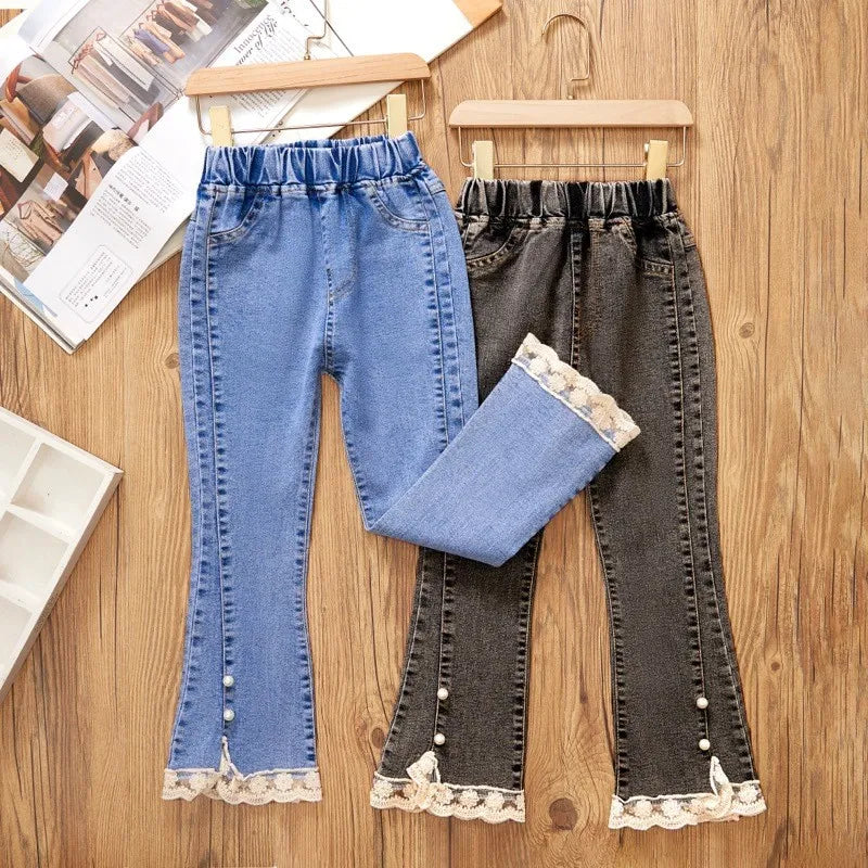 2-12 Year Old Girls Jeans Fashion Lace Elastic Denim Flared Pants Spring Autumn Solid Color Trousers Teenager Kids Girl Clothing
