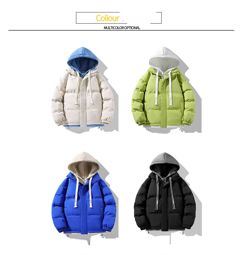 Men Hooded Cotton Coat2024 New Casual Hooded Fake Two-piece Design Down Cotton Warm Parka Korean Style Thick Men's Winter Jacket