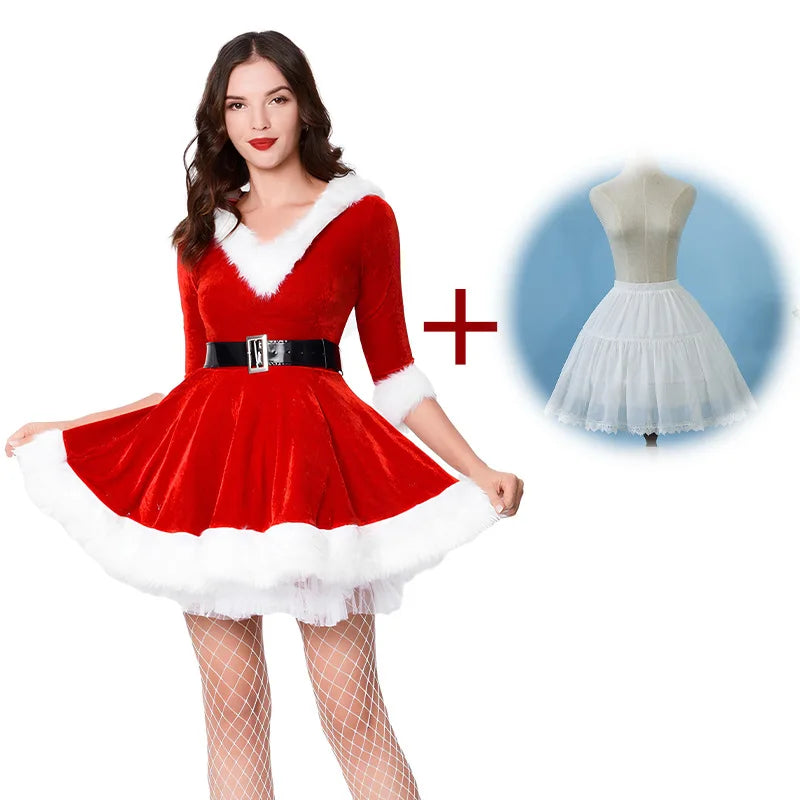 Nouvelle tenue tendance pour femme, manches courtes, unie, déguisement de Père Noël, thème Noël, avec ceinture et robe fantaisie.