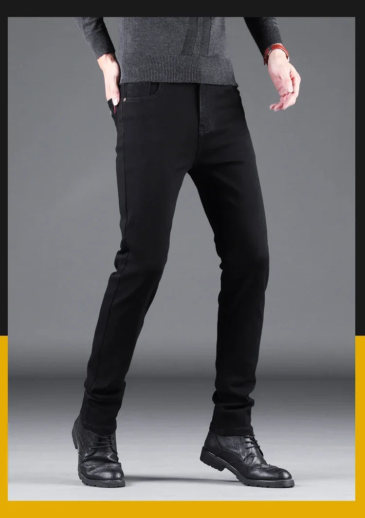 Pantalones vaqueros ajustados negros puros para hombre, pantalones rectos elásticos, moda de negocios, pantalones vaqueros vintage coreanos para hombre, primavera y otoño