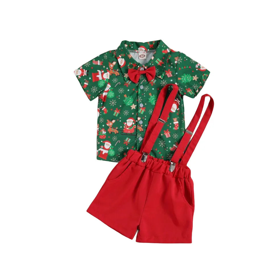 Ceeniu 1-5Y New Year Costume For Boy Christmas Outfit Santa Deer Printed Necktie Shirts and Red Pants Children Christmas Clothes