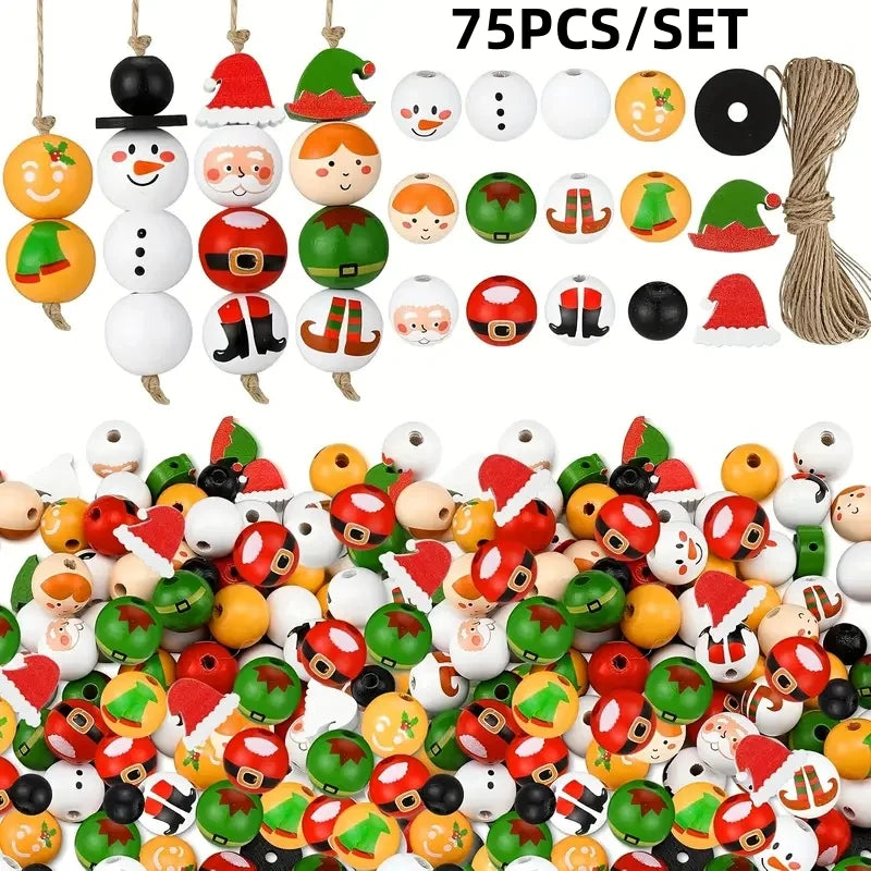 45PCS/75PCS/150PCS Santa Claus Gingerbread Man Snowman Elf Series Christmas Themed Wooden Bead Set, Holiday Party Decorations