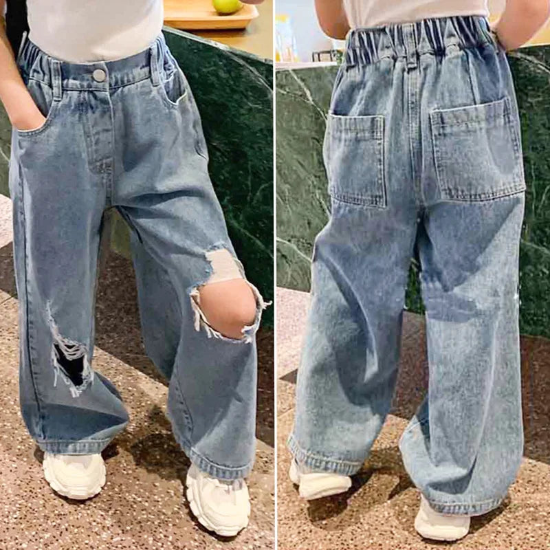 Pantalones vaqueros para niñas de 1 a 7 años, informales, con agujeros y estampado de gato de dibujos animados, para primavera y otoño