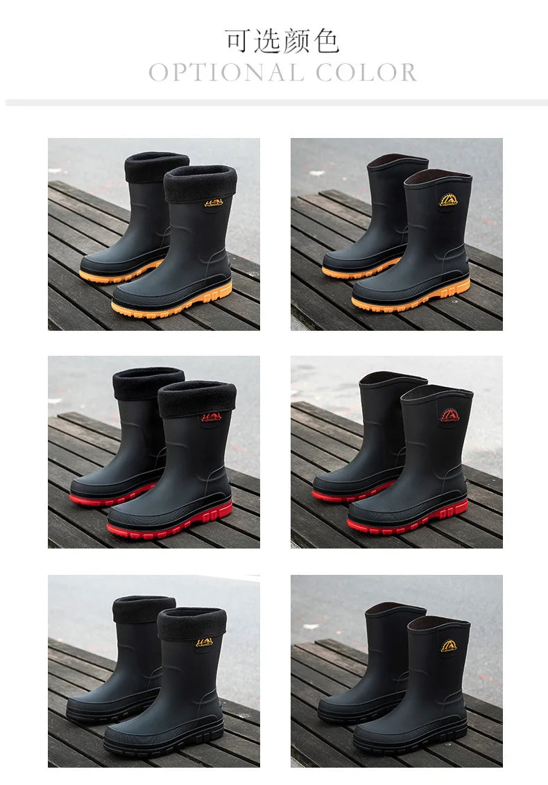 Bottes de pluie décontractées pour hommes, imperméables et antidérapantes, tige mi-haute, chaussures de travail tendance en caoutchouc (prendre une pointure au-dessus pour les modèles en coton)
