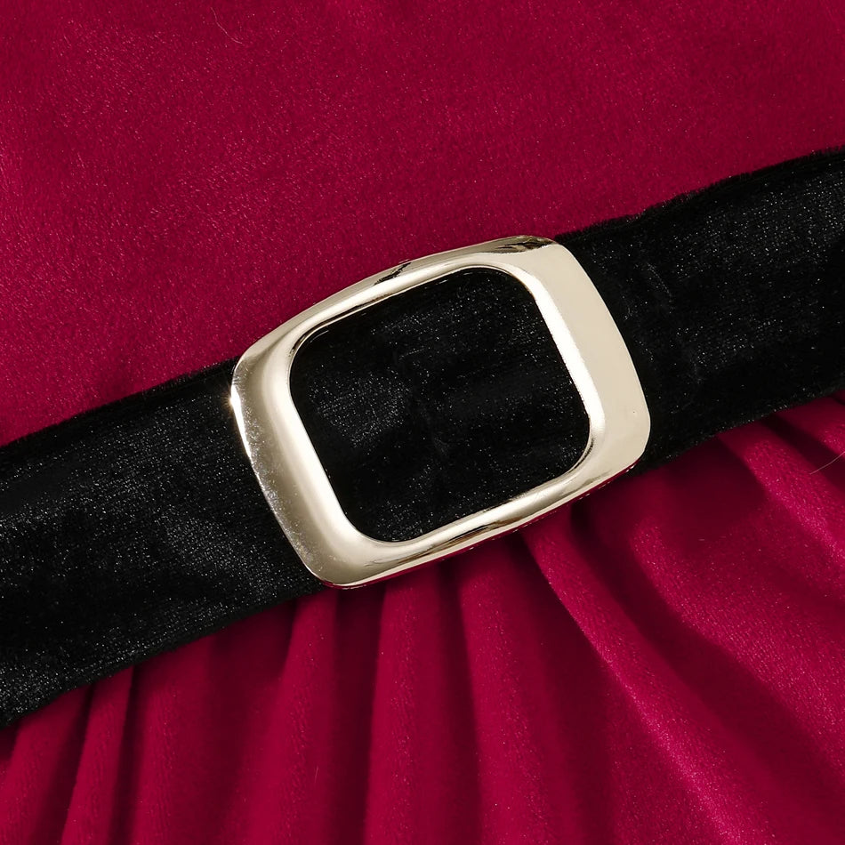 Children Christmas Party Dress Velvety with Fluffy Trim Hooded V-Neck Xmas Gown with Waist Bow Girl Red Christmas Dress