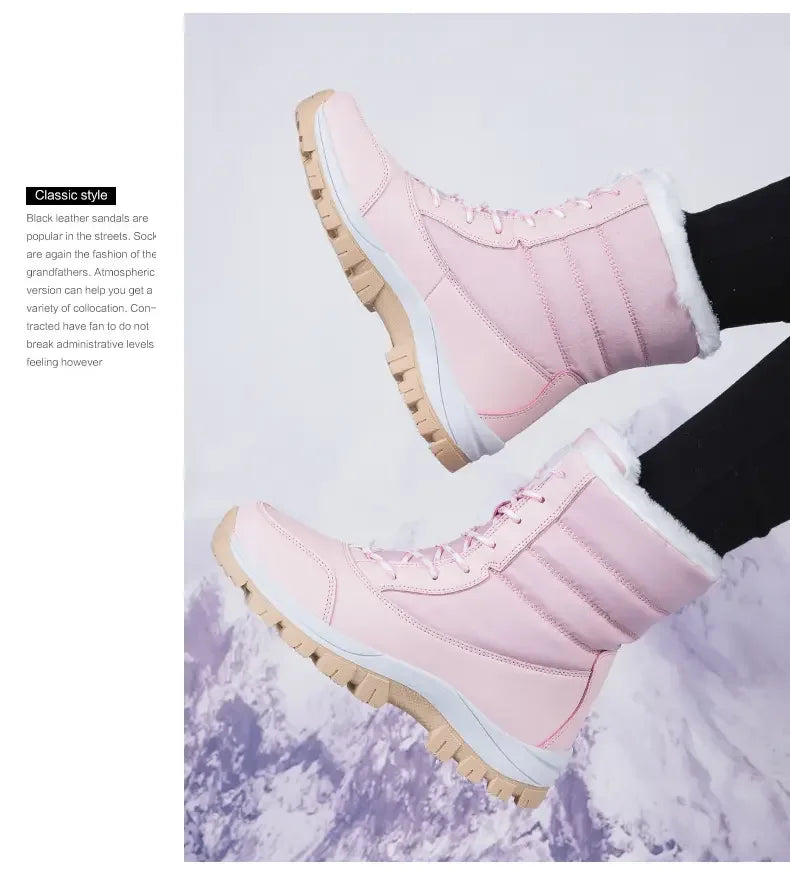 Winter Women's Waterproof High Heel Boots Strap Up Flat Heel Boots Warm Snow Shoes, Plush Outdoor Fashion Casual Boots