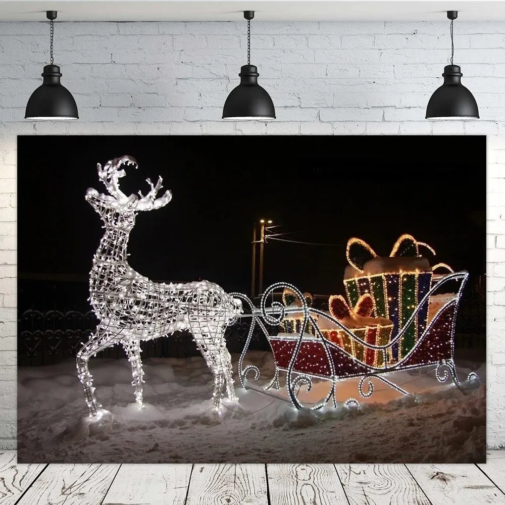 Christmas Reindeer Sleigh Painting Banner Night Elk Lights Christmas Party Photo Home Decoration Photography Background Studio
