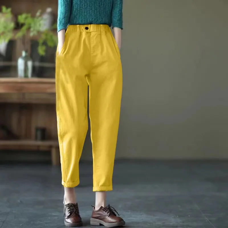 2025 Fashion Summer Women Harem Pants All-matched Casual Cotton Denim Pants Elastic Waist Solid Yellow White Jeans Female 3XL