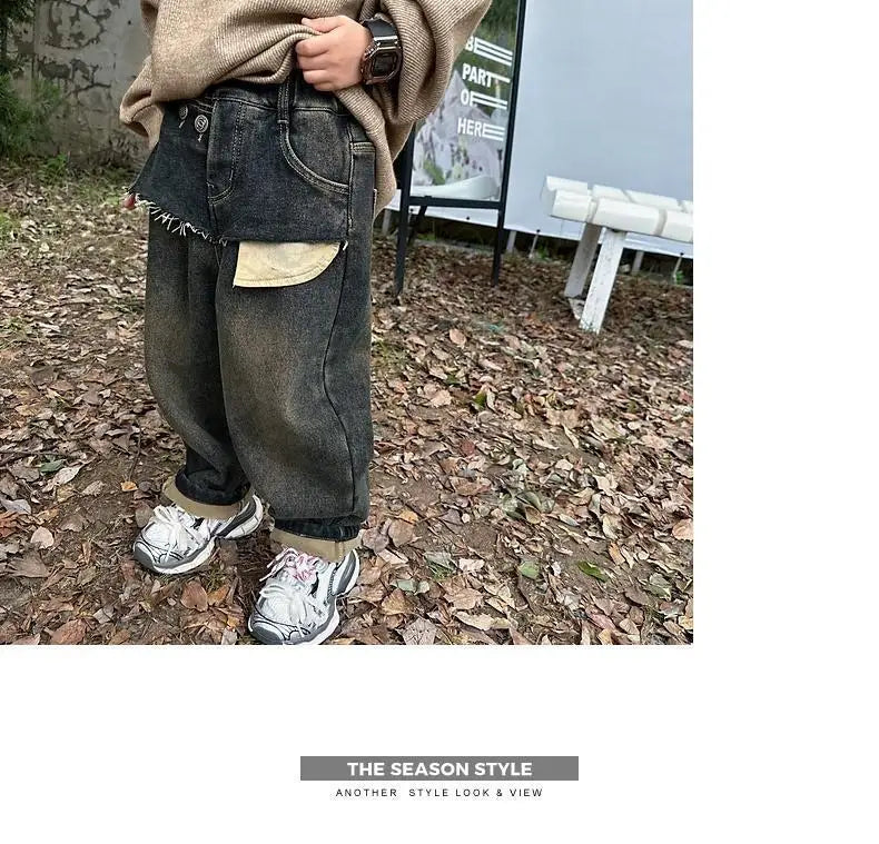 Spring and Autumn Boys' Integrated Velvet Jeans New Korean Splicing Children's Autumn and Winter Thick Velvet Denim Pants