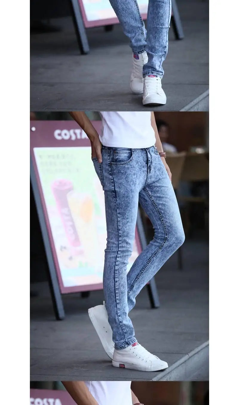 Pantalones vaqueros ajustados de estilo coreano para hombre, de lujo, para la nieve, para jóvenes, para primavera y otoño, informales, de algodón