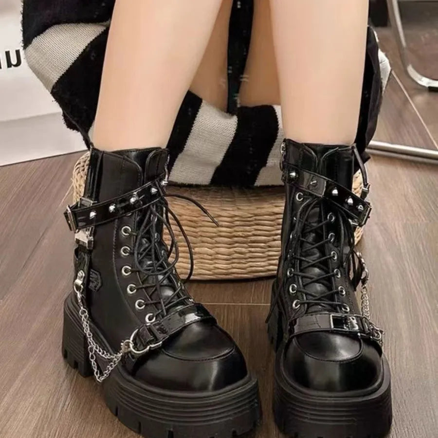 Punk Best - Selling Black Chunky Combat Boots, Metal Chain & Buckle Straps, Ideal for Daily Streetwear