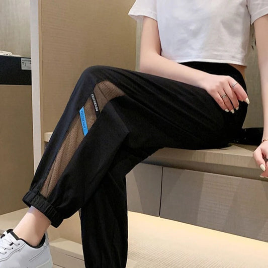 Pantalones casuales rectos y delgados con cordón de malla para mujer