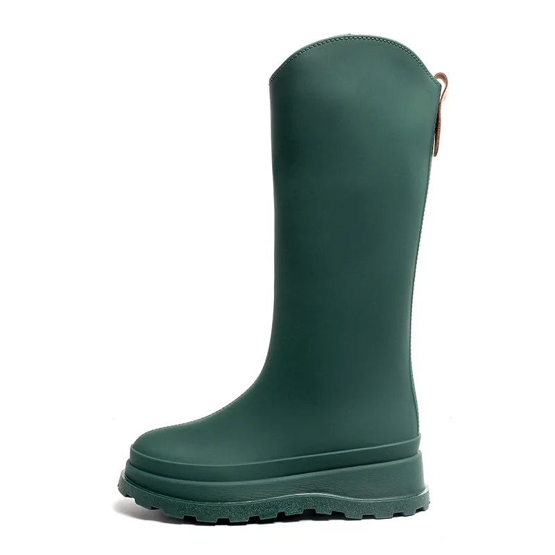 Botas de lluvia de PVC de caña alta para mujer, estilo británico, suela gruesa, impermeables, duraderas, para exteriores, de color sólido, antideslizantes