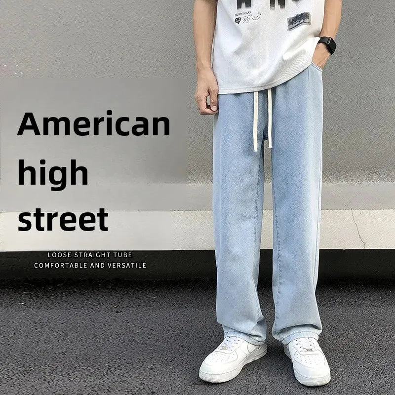 Pantalones vaqueros casuales de pierna recta para hombre, primavera, nuevos, holgados, con cintura elástica, estilo americano, pantalones de pierna ancha, recién llegados, moda de calle.