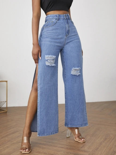 Jeans de pierna ancha para mujer 2023, nueva tendencia de personalidad, jeans largos de cintura alta, jeans rasgados con abertura sexy, pantalones de pierna ancha, pantalones largos de mezclilla
