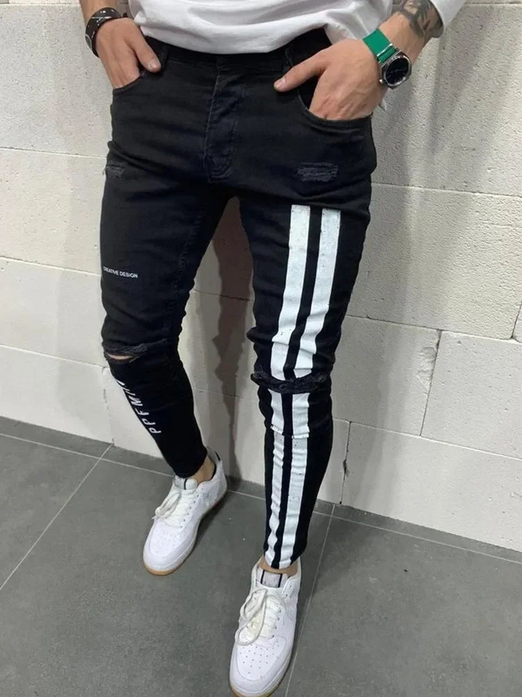 Pantalones vaqueros con estampado de rayas para hombre, de algodón elástico, rotos, ajustados, de alta calidad, estilo hip hop, con agujeros negros, ajustados, de gran tamaño.