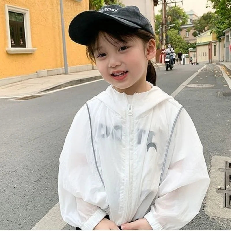 Summer Casual Lightweight Kids Sun Outfit Tops Baby Girls Loose Drawstring Hooded Zip Moon Coats Children Jackets 1-10 Years